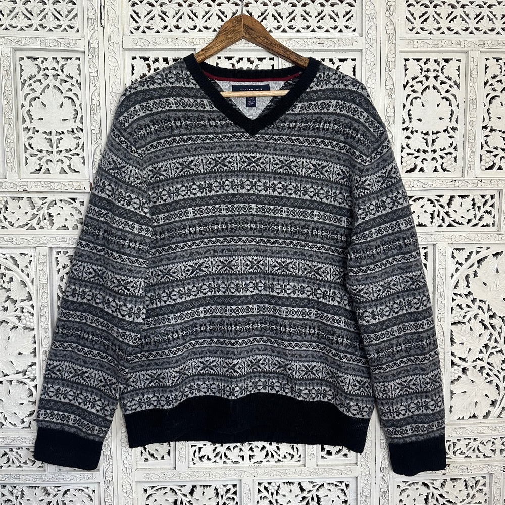 Tommy‎ Hilfiger Fair Isle Gray Lambswool Blend V Neck Sweater Mens XL